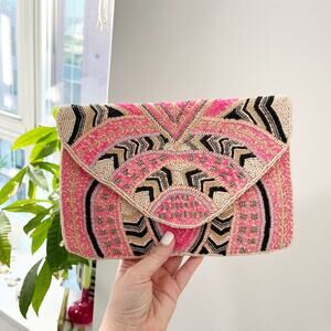 NEW Women's Hand Beaded Pink Aztec Print Clutch